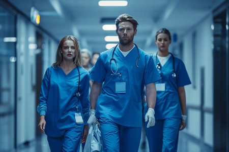 Portrait of a group of medical workers standing in corridor at hospitalの素材