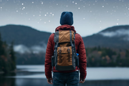 Back view of man with backpack standing on lake and looking at snowy mountainsの素材