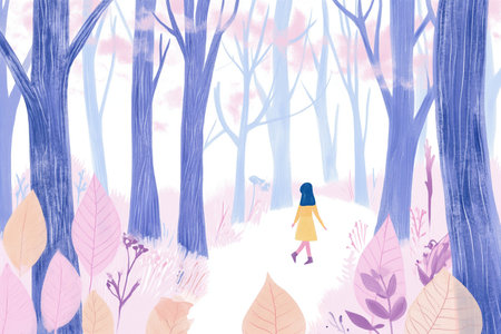Girl walking in the autumn forest. Illustration for your design.の素材