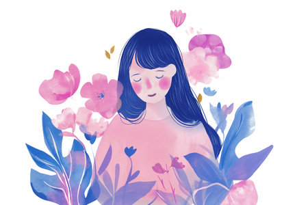 Beautiful girl with flowers. Hand drawn watercolor illustration.の素材