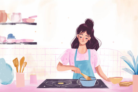 Young woman cooking in the kitchen. illustration of a housewife in the kitchen.の素材