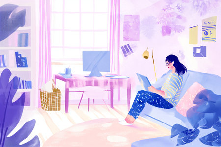 Girl with a laptop in the room. Illustration in watercolor style.の素材
