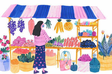 Vector illustration of a woman shopping at a fruit and vegetable market.の素材