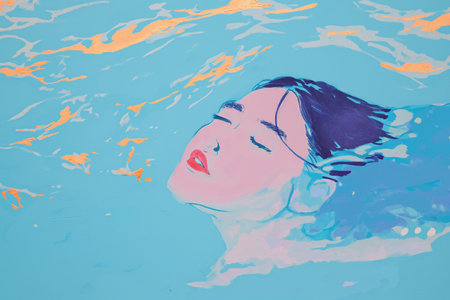 Portrait of a beautiful young woman in a swimming pool.の素材