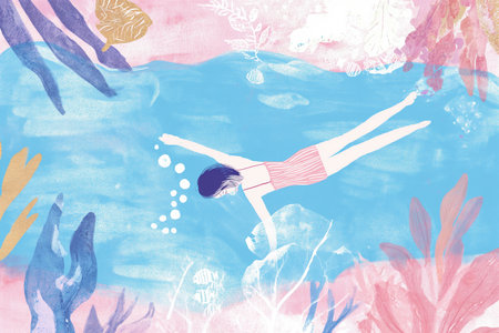 Girl diving into the sea. Watercolor painting.の素材