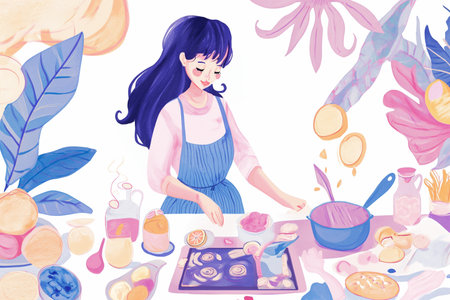 illustration of a girl cooking in the kitchen. Cartoon style.の素材