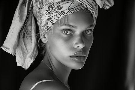 Portrait of a beautiful girl in a headscarf. Black and white photo.の素材
