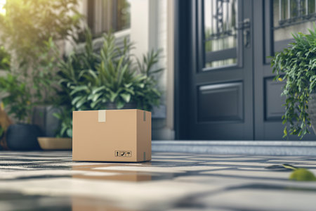 Cardboard box on the floor in front of a door. 3d rendering.の素材