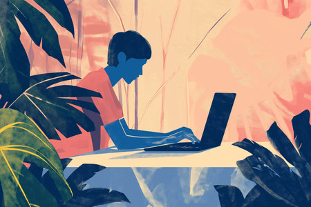 Illustration of a young man using a laptop in a tropical environmentの素材