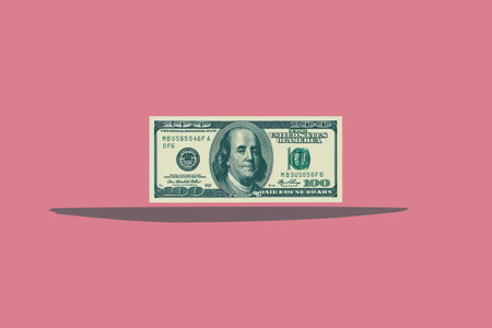 one hundred dollar bill on a pink background with shadow, vector illustrationの素材