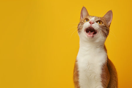 Portrait of red and white cat on yellow background with copy spaceの素材