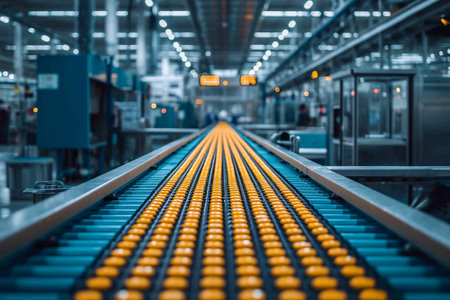 Conveyor belt with rows of orange fruits. Industrial background.の素材