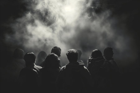 Silhouettes of people in smoke on a dark background. Black and whiteの素材