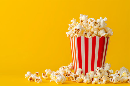 Popcorn in striped bucket on yellow background. Cinema concept. Copy space.の素材