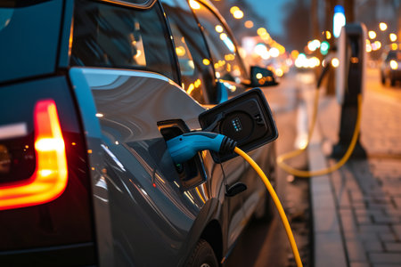 EV charging station for electric car in city at night, closeupの素材