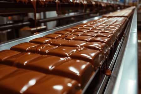 Production line of chocolate candies. Conveyor belt with chocolate candies.の素材