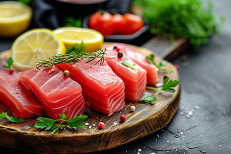 Fresh raw tuna fish fillet with herbs and spices on a cutting board.の素材