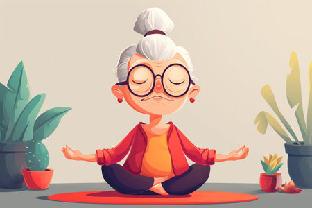Elderly woman doing yoga at home.の素材