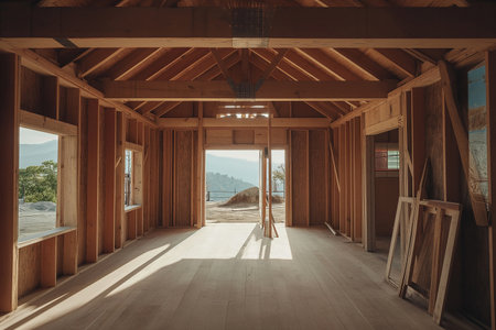 Interior of a wooden house with a window overlooking the sea.の素材