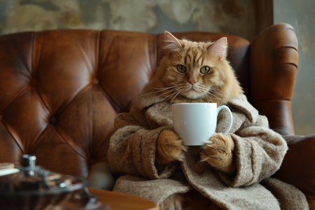 Cute ginger cat with cup of coffee sitting on sofa at homeの素材