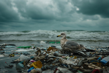 A seagull sits on a pile of garbage in the sea.の素材