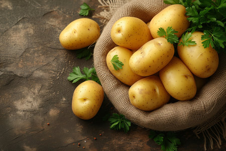 Fresh potatoes with green parsley on a dark rustic background.の素材