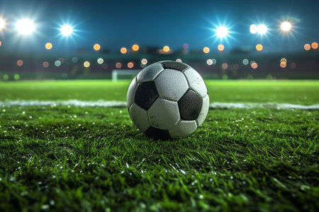 Soccer ball on the green grass of football stadium at night.の素材