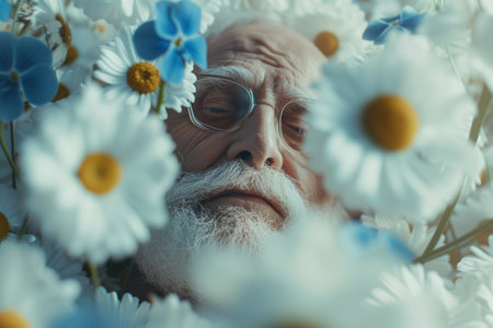 Portrait of senior man with white beard and glasses lying on camomile flowersの素材