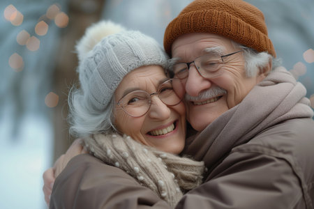 Portrait of a happy senior couple in winter clothes hugging and smilingの素材