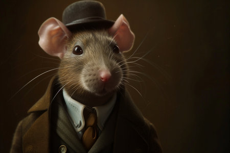 The rat in a suit and bow tie on a dark background.の素材