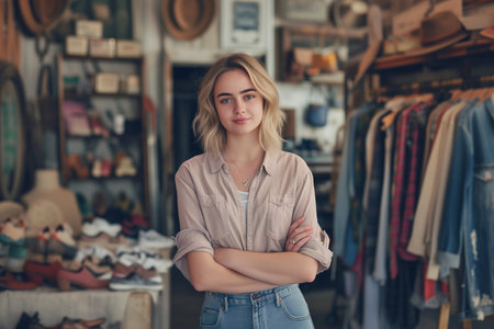 Portrait of a beautiful young woman in a clothing store. She is smiling and looking at the camera.の素材