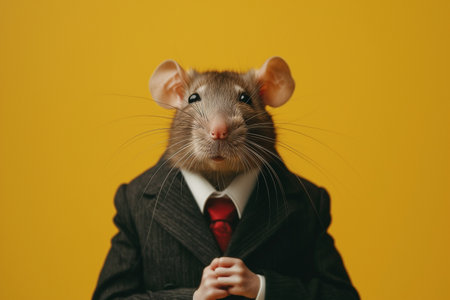 Portrait of a rat in a suit and tie on a yellow backgroundの素材