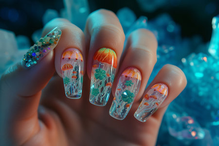 Female hand with nail design. Nail art manicure. Female hand with nail polish.の素材