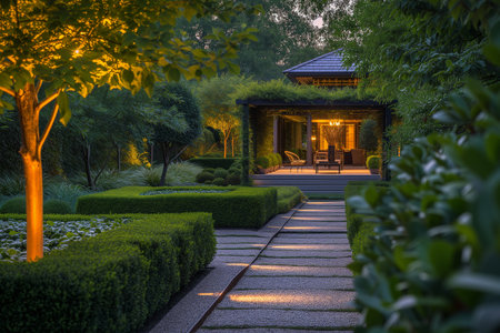 Luxury garden in the evening with light and shadow on the ground.の素材