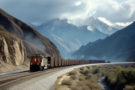 Freight train on the road in mountains. Transportation and travel conceptの素材