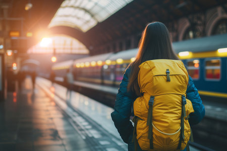 Back view of young woman with backpack waiting for train on platform at railway stationの素材