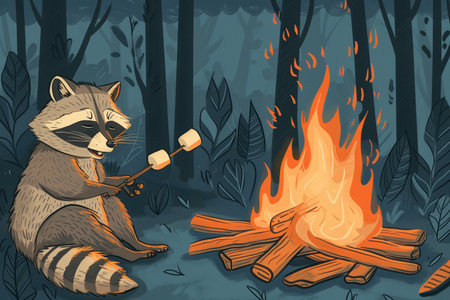 illustration of a raccoon roasting marshmallows in the forest.の素材