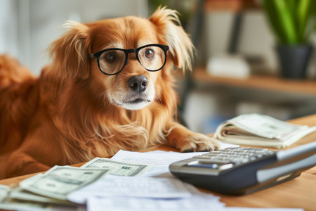 Cute golden retriever dog in eyeglasses lying on table with dollars and calculator at homeの素材