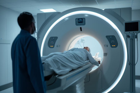 Rear view of doctor using digital tablet while standing in MRI roomの素材