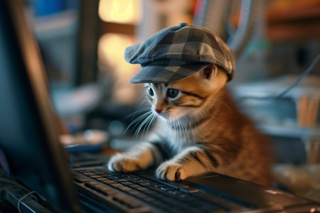 Cute ginger kitten in a baseball cap sitting on the keyboard of a laptop.の素材