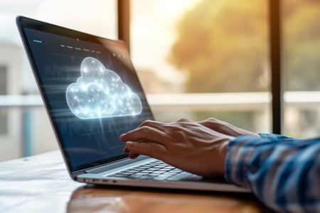Cloud computing technology concept. Woman using laptop computer with cloud icon on screen.の素材