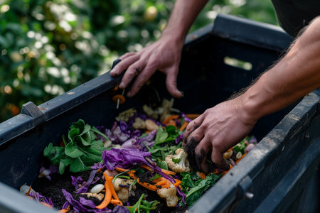 Close-up of a farmer's hands preparing vegetable salad in the gardenの素材