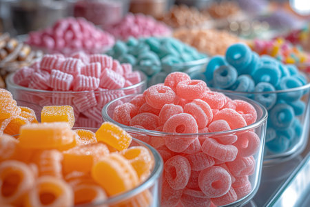Assortment of colorful candies in glass bowls close-up.の素材