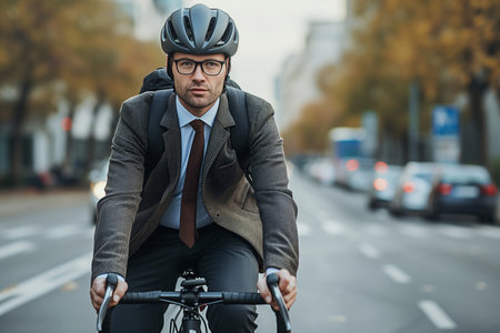 Handsome young businessman in suit and glasses riding a bicycle on the streetの素材