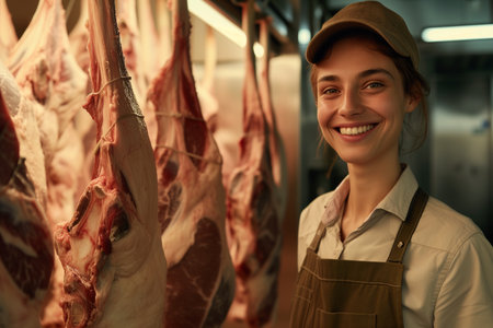 Portrait of smiling female butcher standing in meat factory and looking at cameraの素材