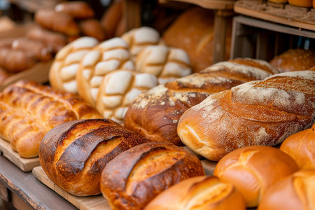 Different types of bread on the counter of the bakery. food backgroundの素材