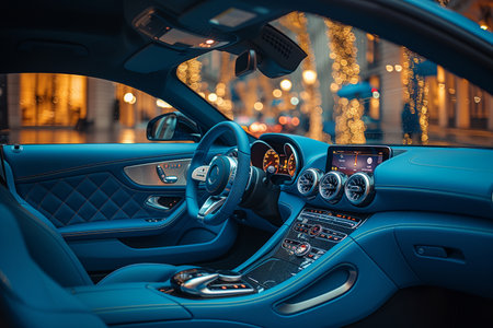 Interior of a modern car on a city street at night.の素材
