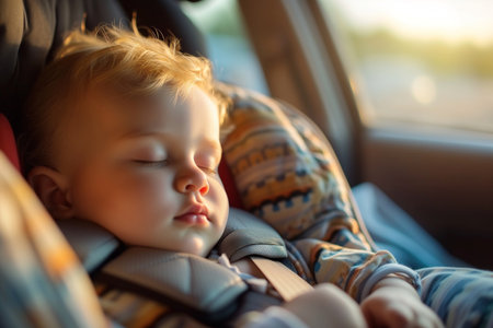 Adorable baby boy sleeping in car seat. Child safety concept.の素材