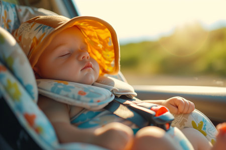 Cute newborn baby sleeping in car seat, closeup view. Adorable little child sleeping in car seatの素材