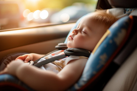Cute little baby boy sleeping in car seat. Child safety conceptの素材